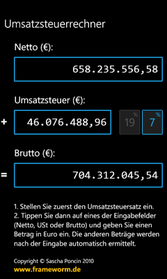 Umsatzsteuerrechner Anzeige